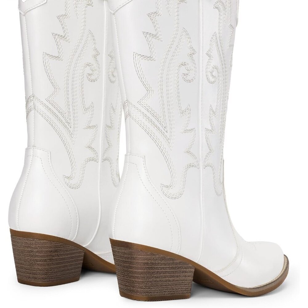 Women's White Cowgirl Boots Embroidered Pointed Toe Low Heel Mid Calf Boot - Picture 5 of 8